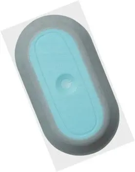 A blue and grey oval shaped object with a hole in the middle.